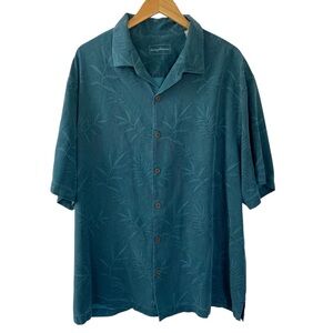 Tommy Bahama Blue Green Silk Camp Shirt 2XB Hawaiian Resort Fronds Tonal